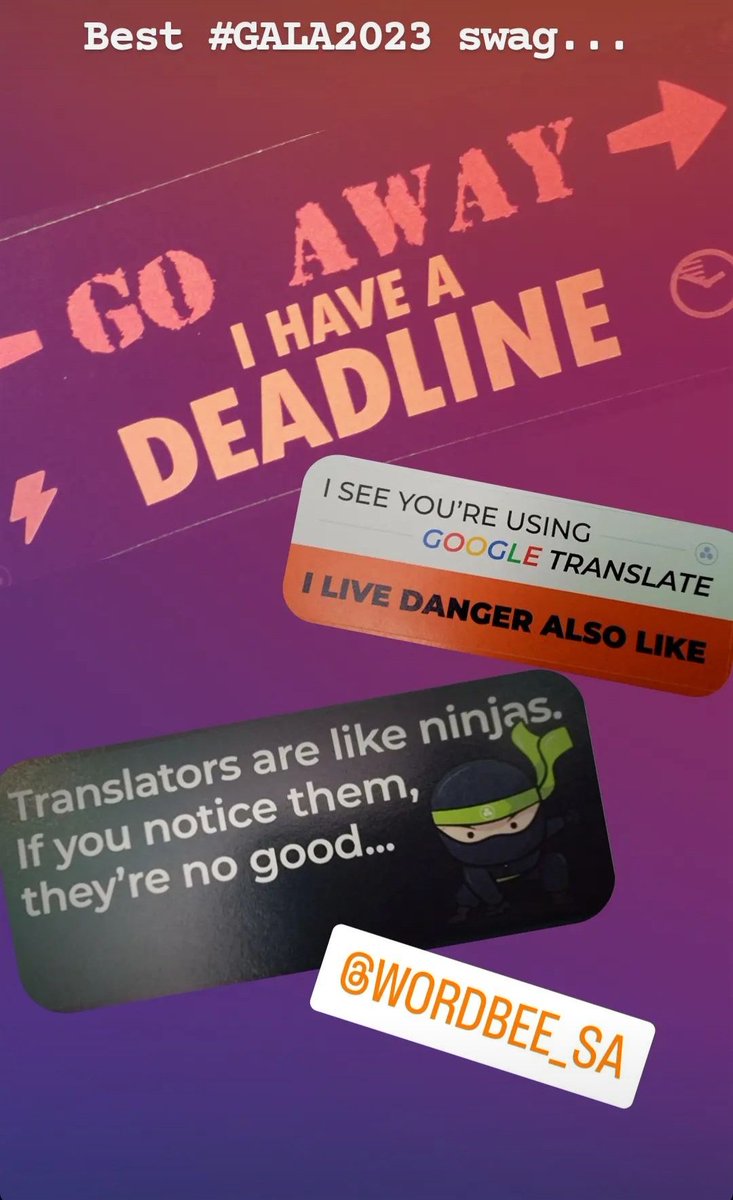 Great translation stickers at <a href="/GALA_Global/">GALA</a> Dublin at the <a href="/Wordbee/">Wordbee</a> booth. Loving it! #Gala2023 #xl8 #l10n #translators #translate