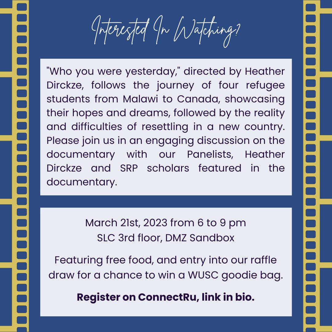 TMU_WUSC's tweet photo. NEW EVENT ALERT! 📣 

Join us on Tuesday March 21, 2023 for the premiere screening of “Who You Were Yesterday.” Register on ConnectRU or Eventbrite today! https://t.co/dFqqKeaVuY