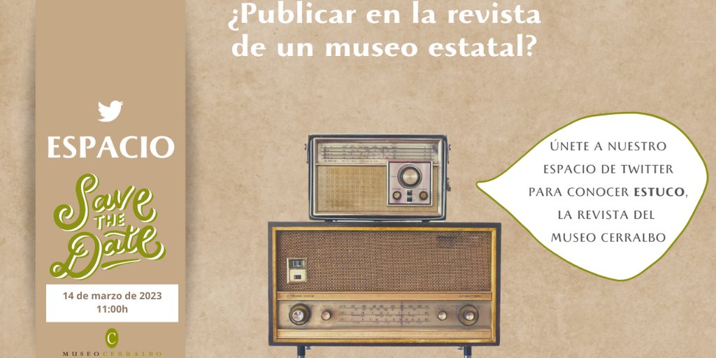 MuseoCerralbo's tweet image. 🎙️¡Recuerda! Mañana a las 11:00 a.m. hablamos por #Espacio de nuestra #revistaESTUCO y del #call4papers actualmente activo. Define un recordatorio en el enlace 👇y si no puedes escucharlo en directo, quedará grabado 30 días.