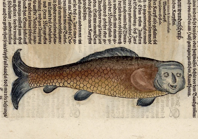 a woodcut of a fish that resembles a trout or similar, but has a smiling human face