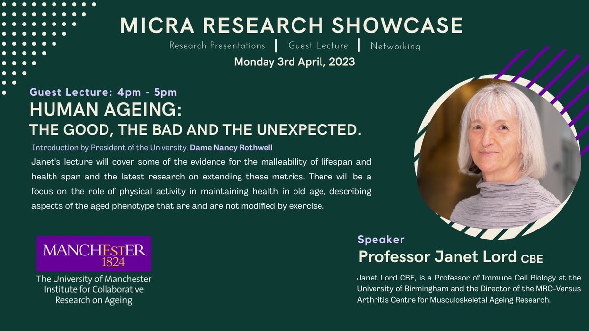 It's 3 weeks today until the MICRA Research Showcase! We're looking forward to Janet Lord's lecture on 'Human Ageing: the Good, the Bad and the Unexpected' and hearing from cutting-edge #ageing #research from across the University. See you there! eventbrite.co.uk/e/micra-resear…
