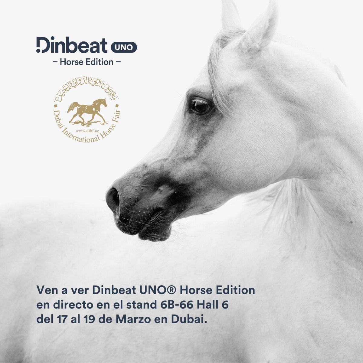 Estaremos en <a href="/DubaiHorseFair/">Dubai Horse Fair</a>, la feria más importante para equinos, presentando nuestro nuevo producto Dinbeat UNO® Horse Edition 🇦🇪 📍 Stand 6B-66 Hall 6 #DIHF #dubai #equinos #caballos
