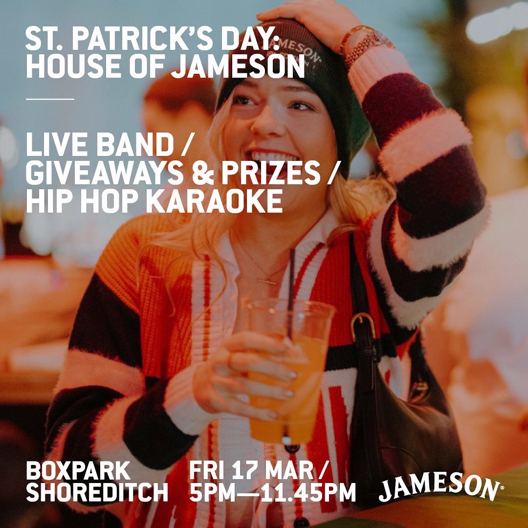 boxpark's tweet photo. JAM PACKED WEEK: 

MON: BIG FAT JAMESON QUIZBOX 
TUE: @Styleandsoundhi 
WED: @upgradeentt  
THU: Post Work Pop Party / @GrooveLDN 
FRI: St Patrick’s Day: House of Jameson @jameson_uk /Hip Hop Karaoke
SAT: @coorsbeer Saturday Sessions
SUN: @AnimeandChillUK 

LINK IN BIO FOR MORE! https://t.co/A7I3JMgtbz