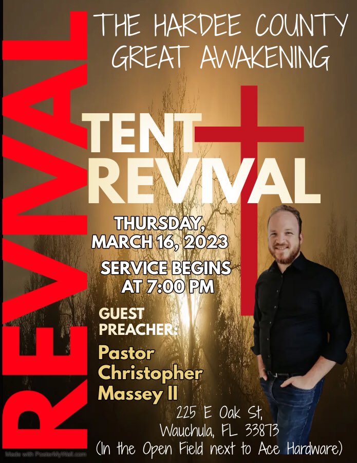 Excited to be back under the tent with Pastor Wendell Smith and Evangelists Jeff & April Davis this Thursday night at 7pm in Wauchula, FL 🔥🙌🏼

#tentrevival #miracles #signs #wonders #pentecostal #wauchulaflorida #cityharvestnetwork #bettertogether #legacy