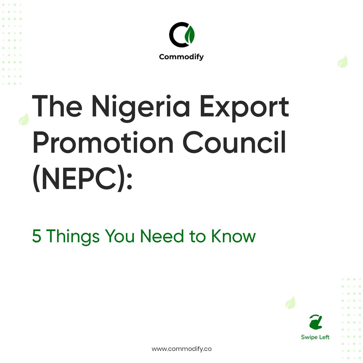 commodifyafrica's tweet photo. The Nigeria Export Promotion Council (NEPC) is one of the two export licensing agencies in Nigeria.

NEPC organises a host of programs to promote export activities in Nigeria. You can visit their site to learn more about the work they do. https://t.co/0xPghttqy1

#naijaexporters https://t.co/IF1nCQtLpb