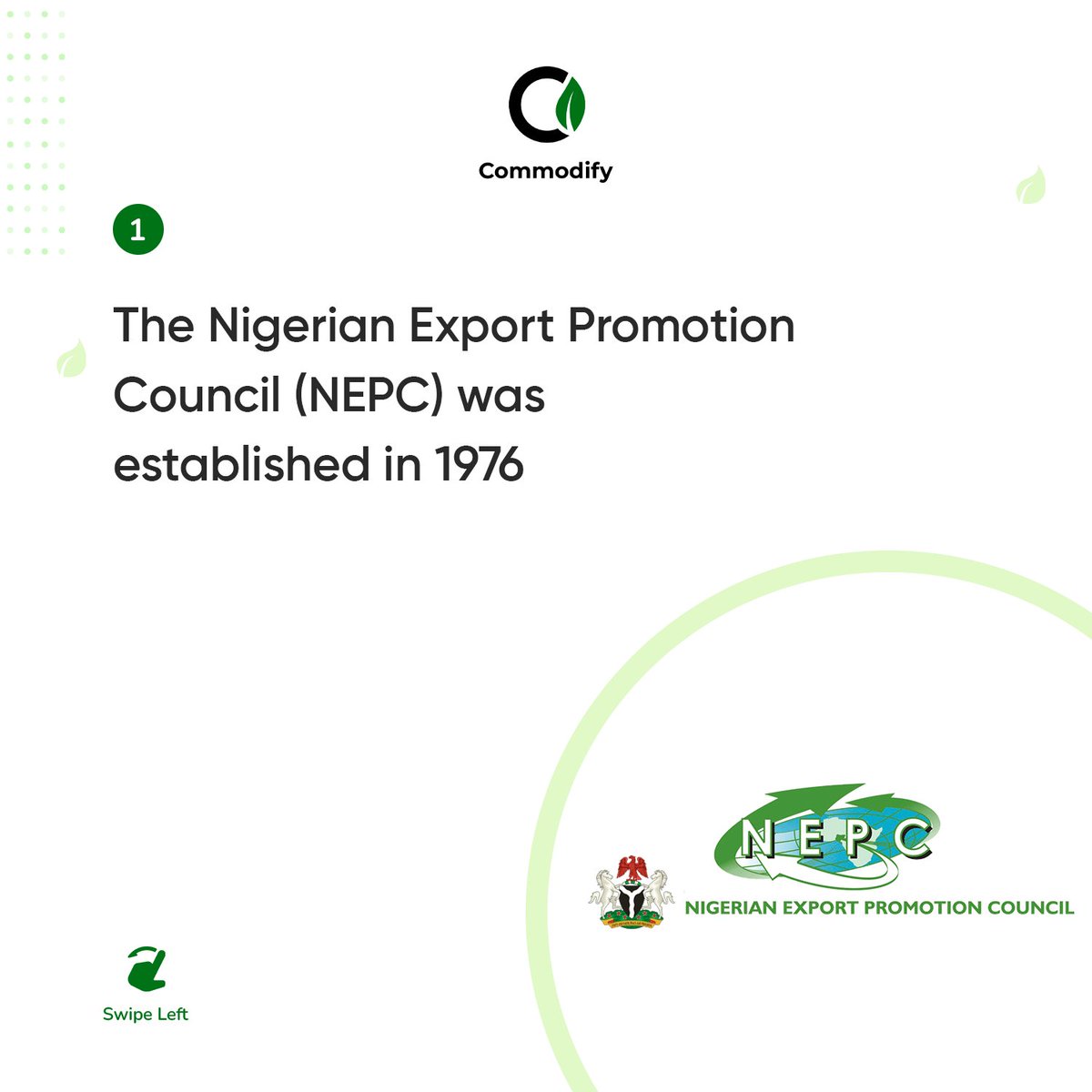 commodifyafrica's tweet photo. The Nigeria Export Promotion Council (NEPC) is one of the two export licensing agencies in Nigeria.

NEPC organises a host of programs to promote export activities in Nigeria. You can visit their site to learn more about the work they do. https://t.co/0xPghttqy1

#naijaexporters https://t.co/IF1nCQtLpb
