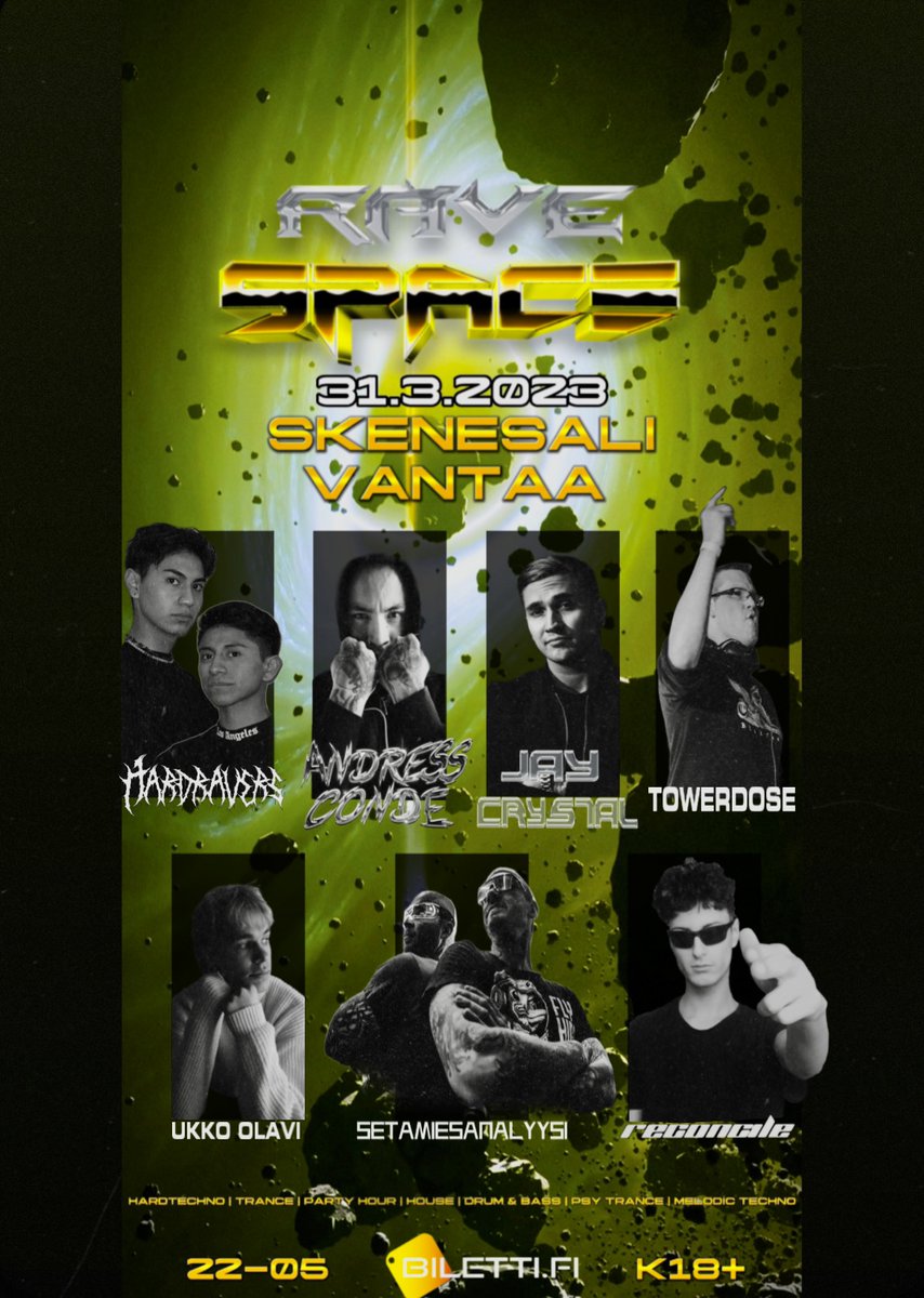 Big news 🚀

I will be playing at the next <a href="/ravespace/">Rave Space</a> RAVESPACE event 31.3. - alongside <a href="/Andressconde/">ANDRESS CONDE</a>, Jay Crystal &amp; others

Will be dropping some melodic techno beats 🔥
See you there!

Tickets/Details: 

biletti.fi/e/ravespace-pl…

instagram.com/rave_space_eve…