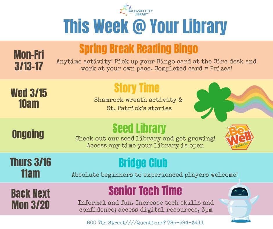 bclibrary_ks's tweet photo. ✨🌷Happy spring break, Baldwin City!☘️✨ Come see us for Reading Bingo, shamrock story time, seed library, bridge club and more. https://t.co/zF17xzcvpG