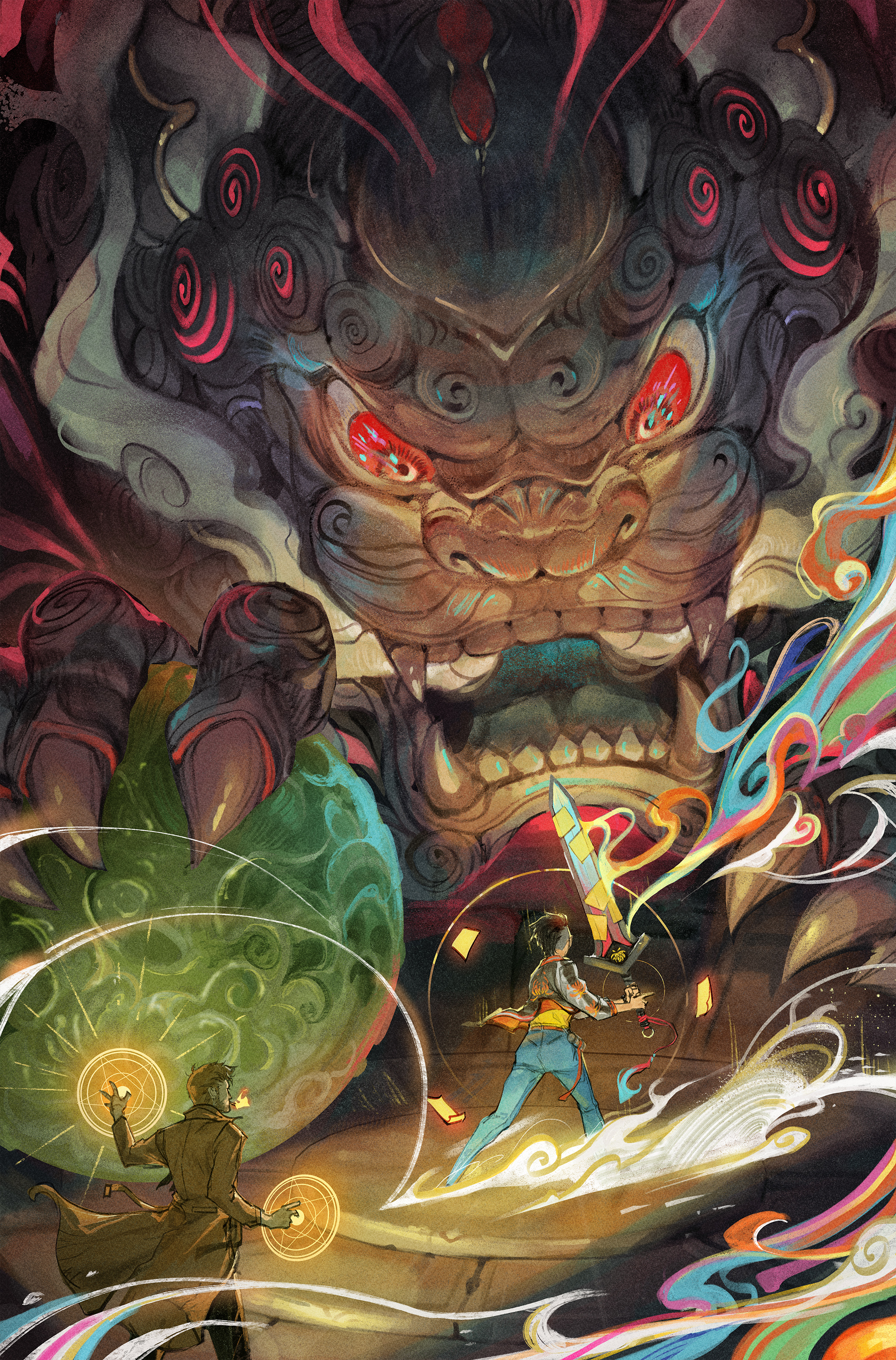 Pride variant cover for Spirit World #2 by Jessica Fong. In front of a massive Foo Dog, a woman with a rainbow sword spilling out rainbow energy stands ready to fight.