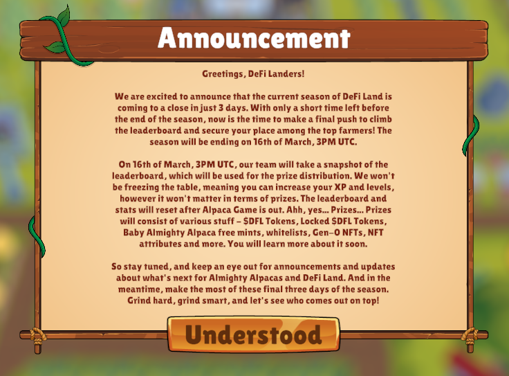 morganjames53's tweet photo. The longest season in #DeFiLand history is ending! 🚜
Best #DeFi &amp; #NFT game! New season will be outstanding! 🎮
Powered by #Solana 🪙
In-Game announcement; https://t.co/E622EeJkQT