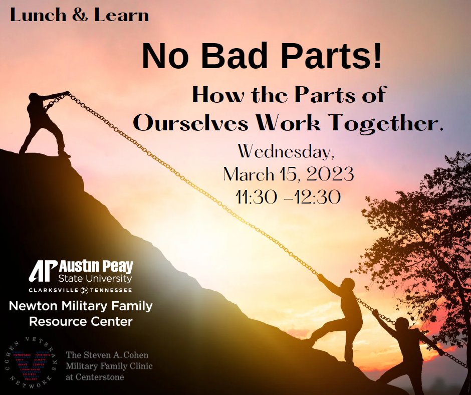 apsunmfrc's tweet photo. Cohen Clinic and NMFRC present, No Bad Parts! How the Parts of Ourselves Work Together. March 15, 2023, 11:30 A.M. - 12:30 P.M.
#supportingyou #apsunmfrc #apsu #military #beagov #army #marines #navy #airforce #spaceforce #nationalguard #coastguard #airguard #veterans #peaypix https://t.co/OH0N5SNH6K