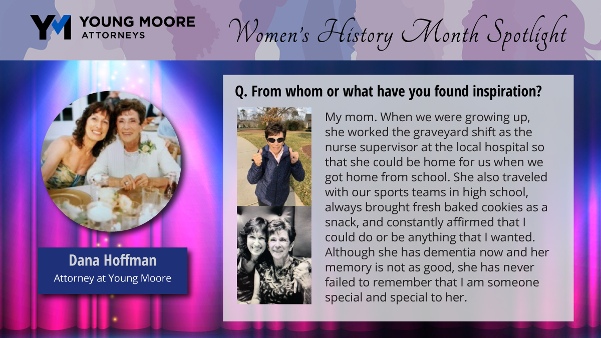 Today’s spotlight is on Dana Hoffman! A shareholder at Young Moore, Dana is a litigator, advisor and defender of the #transportation, #longtermcare and #electric industries. Learn more: youngmoorelaw.com/people/attorne…
#WHM2023 #SpotlightSeries #WomenHistoryMonth  #inspiringwomen