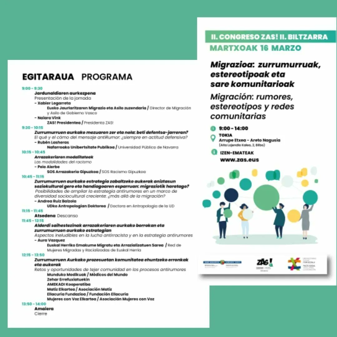 Aún estás a tiempo de inscribirte al II. Congreso ZAS!
➡️ Migración: rumores, estereotipos y redes comunitarias
✳️ Jueves, 16 de marzo, de 9:00 a 14:00, en Arrupe Etxea
‼️✍🏼 zas.eus/ii-congreso-za…
ℹ️ zas.eus/inscripciones-…

#congresoZas #migraciónrumores  #inmigración