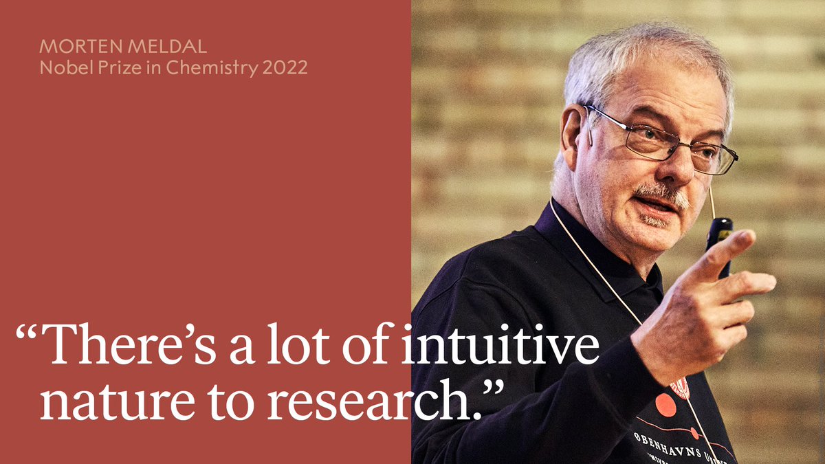 NobelPrize's tweet photo. ”You don’t know what it is in the beginning. Grab on to it, you unravel whatever it is and then you start doing something really interesting.”  

When chemistry laureate Morten Meldal was asked how to decide what topics to research he highlighted the importance of intuition. https://t.co/bItF8oEM82