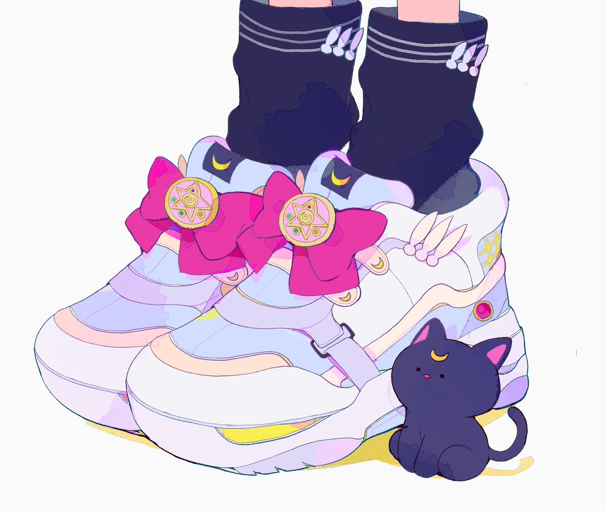 crescent sneakers shoes cat black cat white footwear bow  illustration images