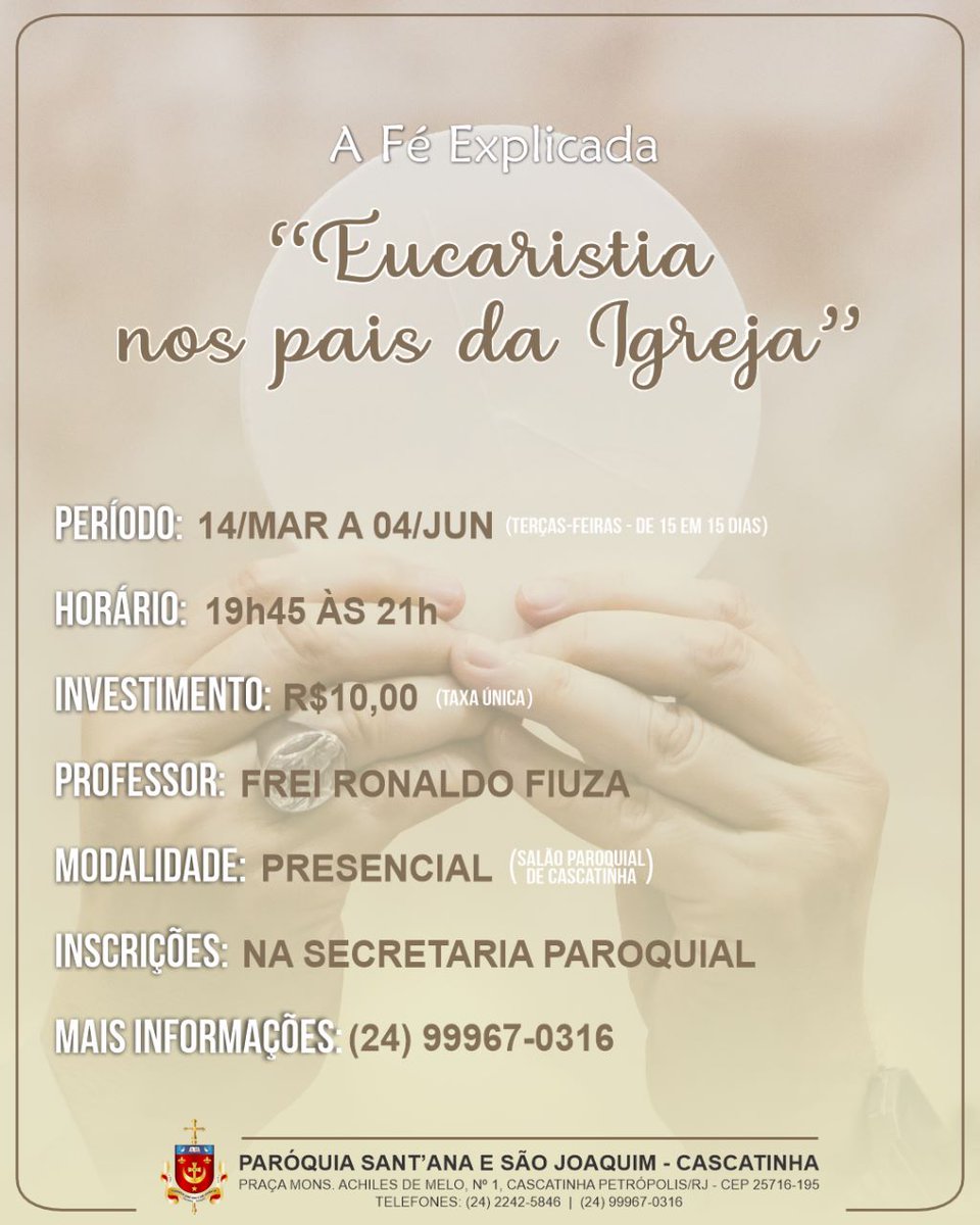 Que tal conhecer um pouco do pensamento dos padres da Igreja sobre a Eucaristia. Quer fazer esta caminhada, participe da dos encontros da Paróquia Sant’Anna e São Joaquim, que tem início amanhã, dia 14 de março. Mais detalhes em Notícias - diocesepetropolis.org.br