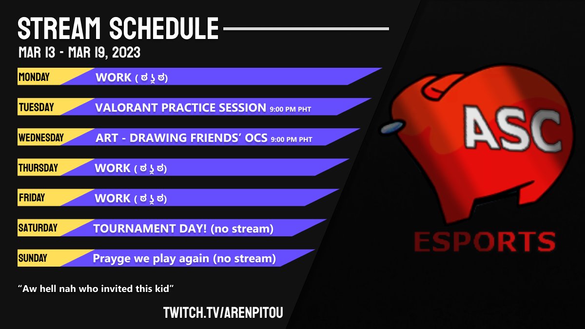 arenpitou's tweet photo. aAAAAND IT'S A STREAM SCHEDULE!
This is the week where we play against a bunch of other Vtubers. Come support us! Droppin a poster sometime soon I reckon :))
#Aren7LIVE https://t.co/mKrfKJiooF