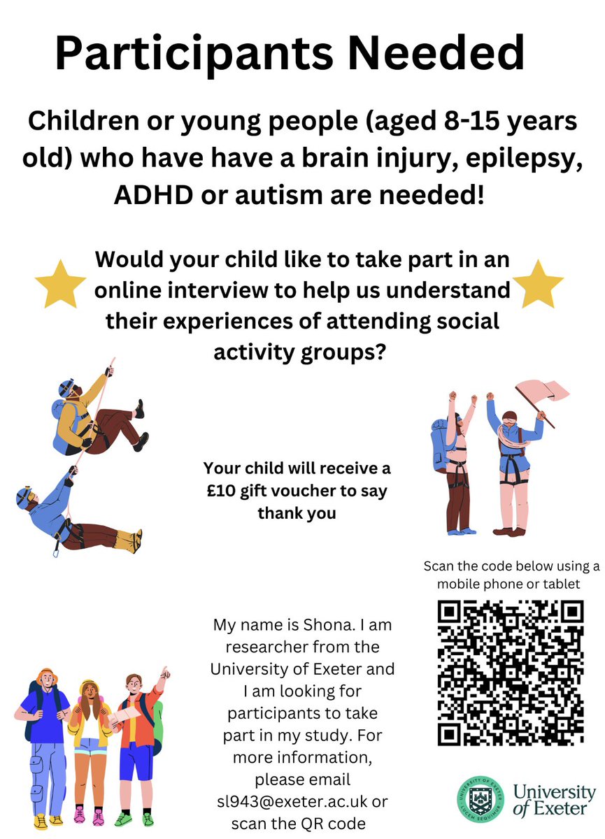 CANexeter's tweet photo. 🌟 New research study! Our #DClinPsy trainee, Shona, is inviting children &amp; young people who have had a #braininjury or who have epilepsy or who are #autistic or who have #ADHD, to speak with her about their experiences of group based activities. See poster for more information https://t.co/BAIW6dYrCH