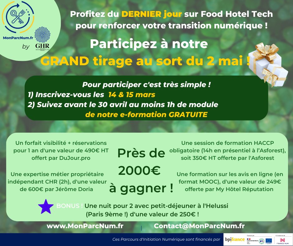 ⛔ DERNIER JOUR !!! ⛔
Profitez de cette dernière journée pour participer à notre GRAND tirage au sort le 2 mai 2023 et tentez de gagner nos merveilleux cadeaux d'une valeur de près de 2000 euros ! 😍😍😍
Inscription sur 🌐MonParcNum.fr
<a href="/GHR_HCR/">GHR</a> <a href="/artiref/">Thomas Yung</a>