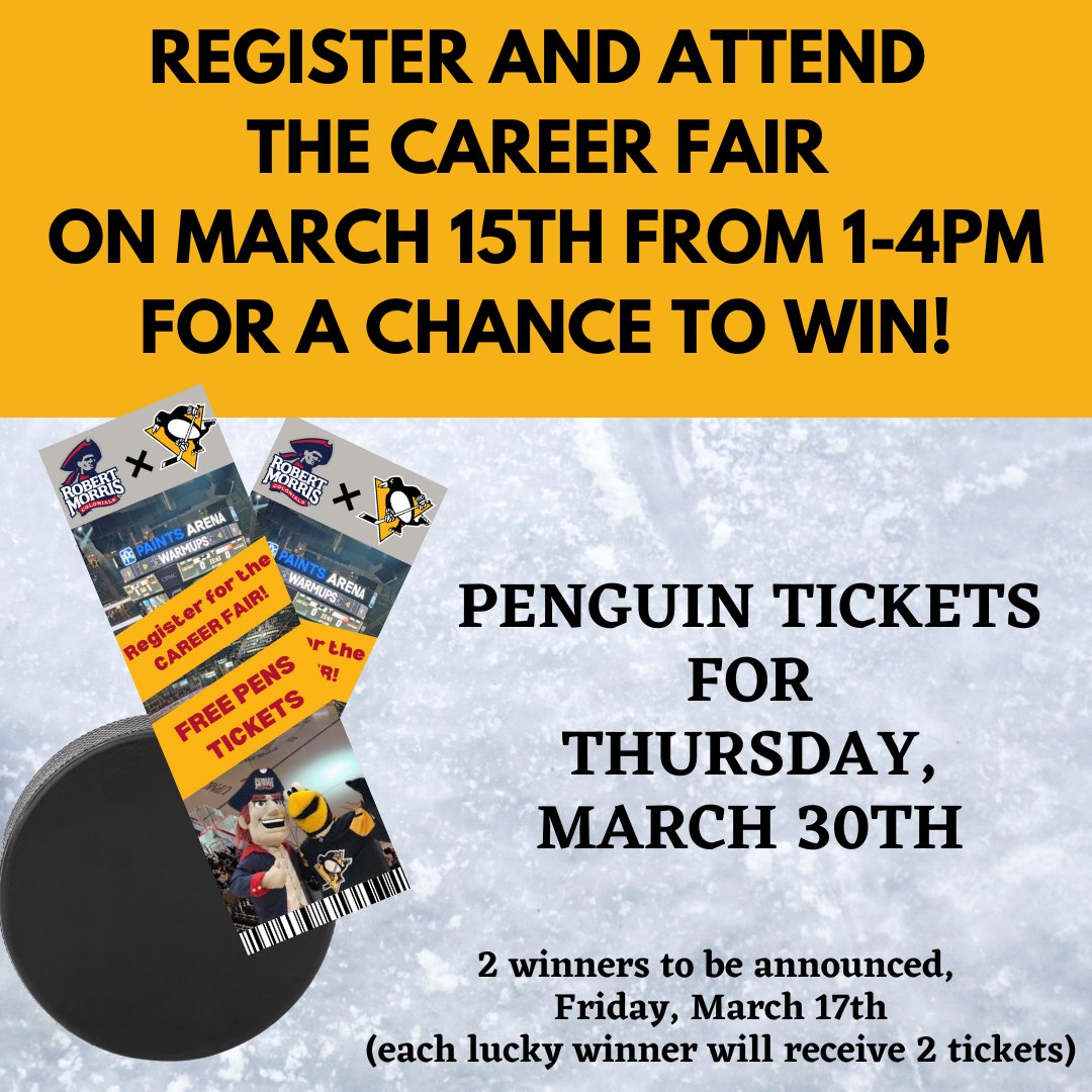 There's still time to register and attend the Spring Career Fair this Wednesday, March 15th at the UPMC Events Center for a chance to win FREE Penguin tickets!! 🐧

2 lucky winners will be announced Friday, the 17th ☘️ Follow the link to register now ➡️