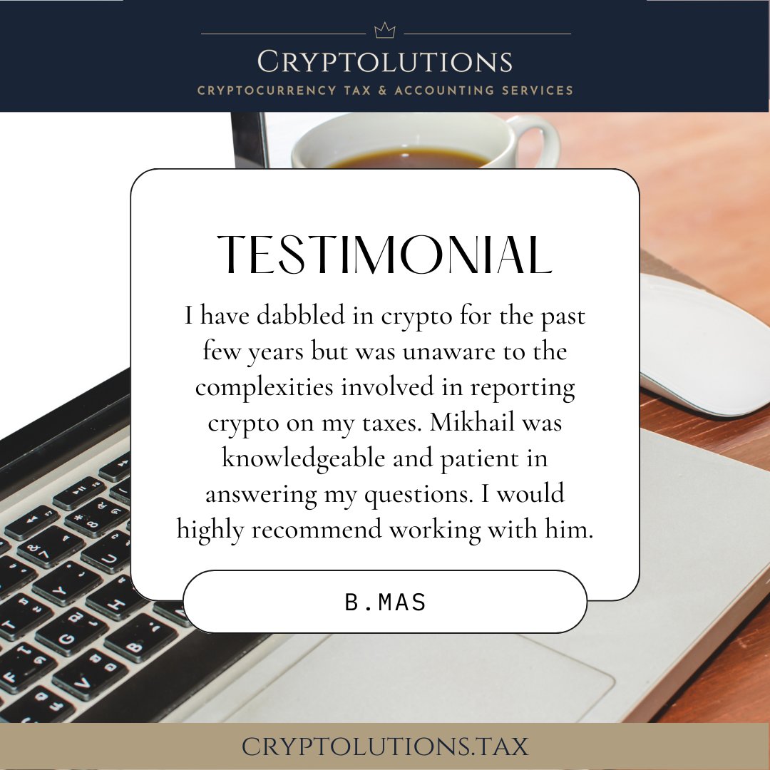 CryptolutionsTx's tweet image. Third-party software is great, but if you need a person, sometimes there&apos;s no substitute. 
#cryptolutions #cryptotaxes #crypto #cryptocurrency #investments #taxcompliance