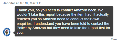 Dann30_'s tweet photo. @AmazonHelp You guys can't be serious in your response... The police have **told** me to contact you. https://t.co/TAWz3cgz0r