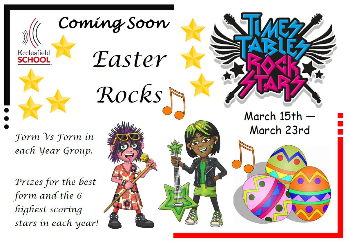 New Easter TTRockstars Competition starting Wednesday March 15th.  Open to all Y7 and Y8 pupils.  Form versus form included with prizes for top form and top performers!!  Plenty of time to join in and have a go! <a href="/OfficialEcco/">Ecclesfield School</a> <a href="/EccoMaths/">Ecclesfield Maths</a>