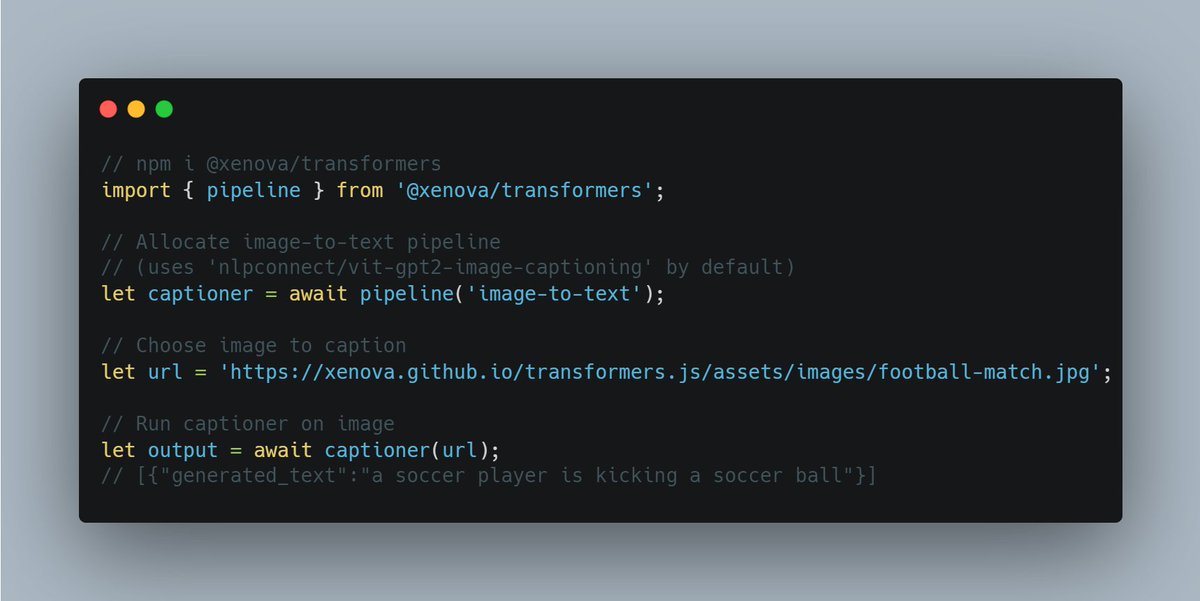 xenovacom's tweet image. ... and in just a few lines of code! 🤯

I can only imagine what people will use this #WebML technology for!

🔒 Privacy (no data sent to cloud)
⏲️ Lower latency for real-time apps
💸 Lower costs
🌐 Scale and reach of the web