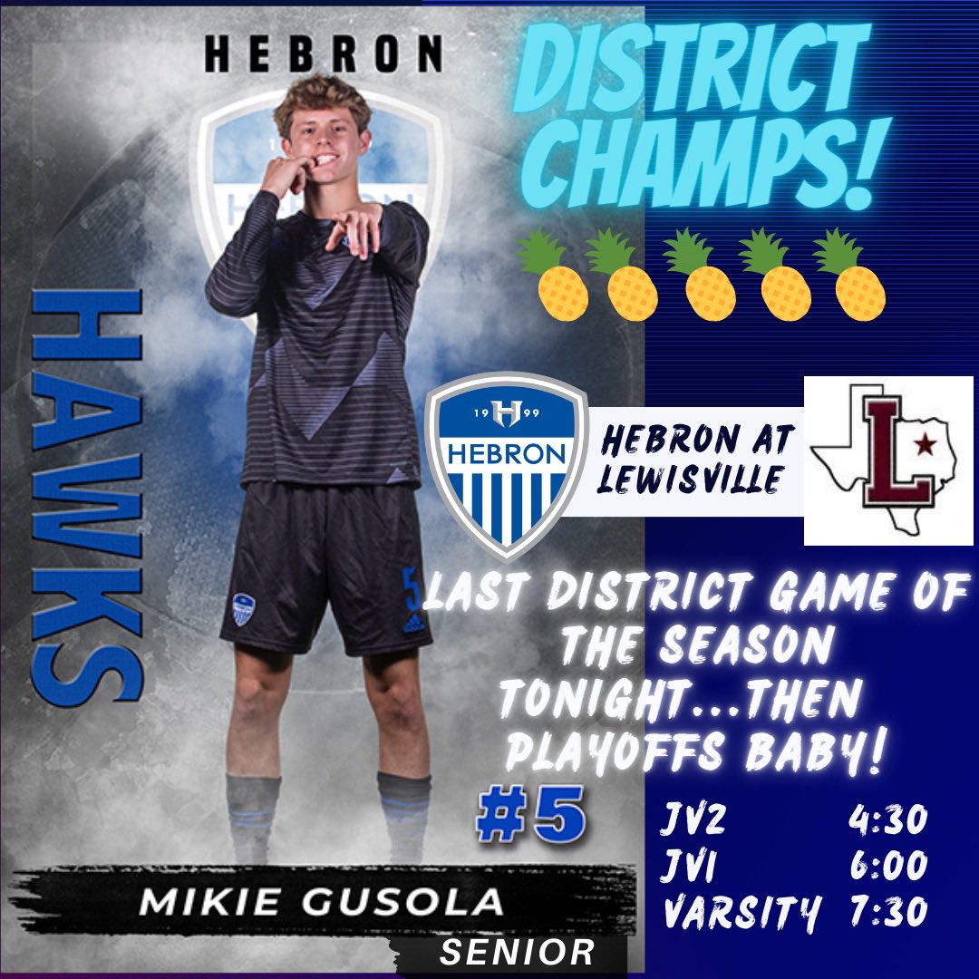 hawksboysoccer's tweet photo. District champs 🍍take on @LHSFarmerSoccer    tonight in the last district game of the season.  If you’re still around for Spring Break and looking for some good action - come out to Lewisville HS stadium tonight to support!  #HPND  #ETG https://t.co/qO4m6AJUYX