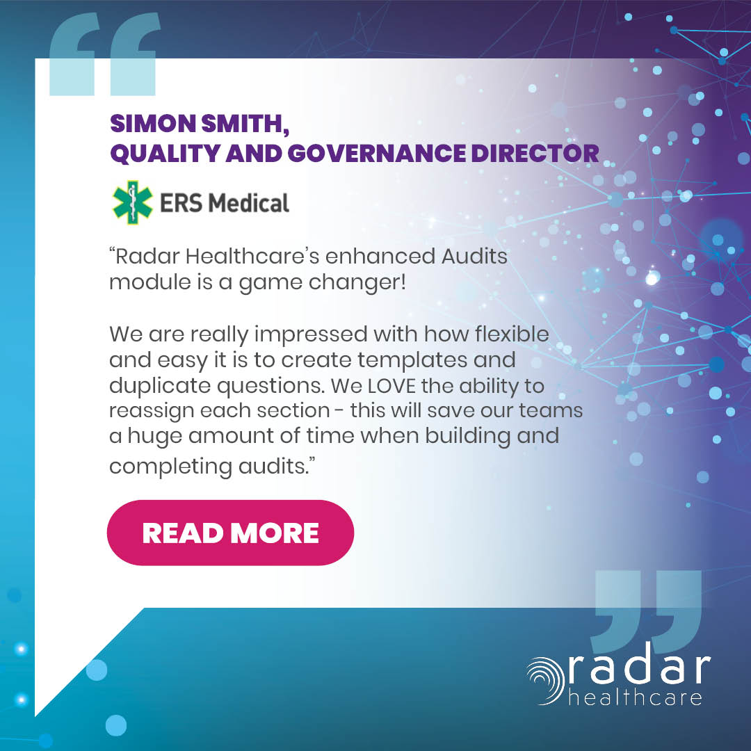 radarhealthcare's tweet photo. 💡 Revolutionise your audits with our new and improved Audit Management Software…

“Radar Healthcare’s enhanced Audits module is a game changer!”
- Simon Smith, Quality and Governance Director, @ERSMedical 

Find out more here: https://t.co/29jZDmetei

#RHProduct #RHAudits https://t.co/rBYNCHVYuk