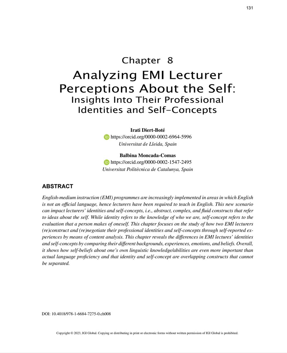 balbiina_MC's tweet photo. New puplication is out! The chapter co-authored with my colleague @irati_db is now out! We analyse #EMI lecturers' perceptions about the #Self particularly looking into #professional_identities and #self_concepts 🤩📑📚👏➡️ https://t.co/zAkw6rIM5v #IGIglobal https://t.co/1yB3BGWquD