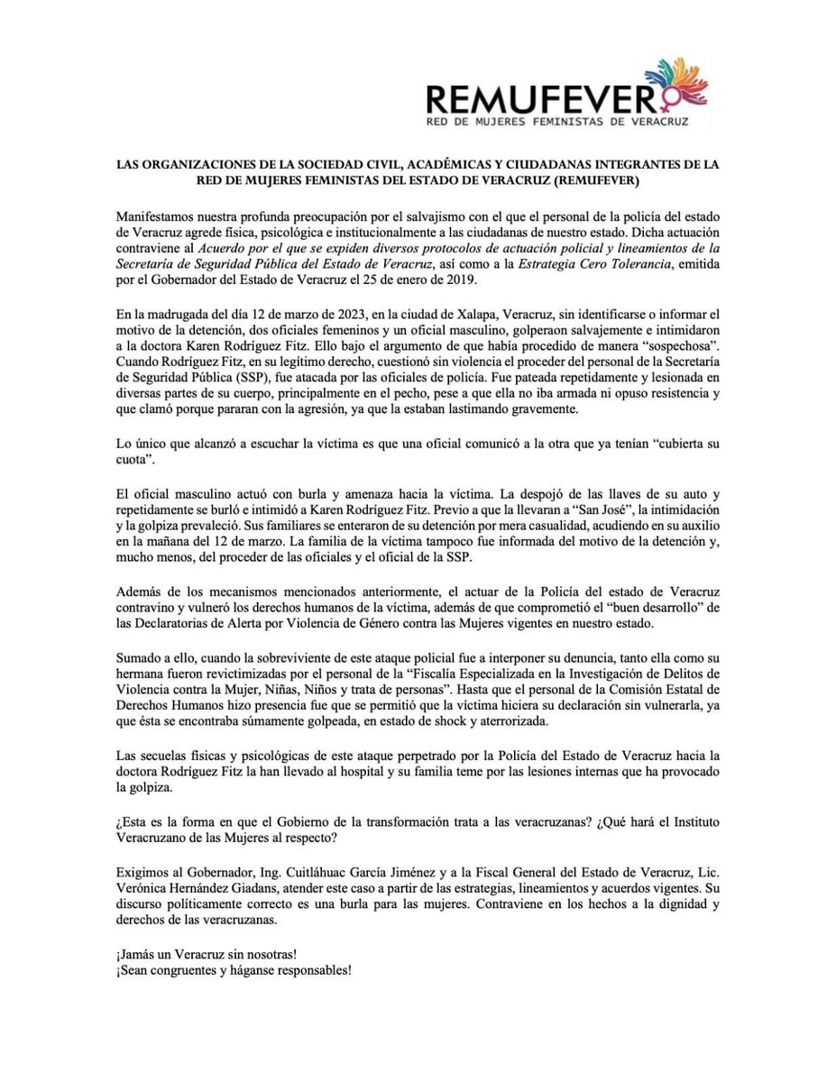 Remufever's tweet photo. 🔴Pronunciamiento de la REMUFEVER por agresiones de elementos de la SSP y FGE a ciudadana en Xalapa. https://t.co/PpAViKPbr2