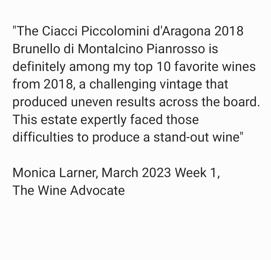 cpdavini's tweet photo. Brand New Ratings for 2018 vintage. 

Many thanks to Robert Parker, @MonicaLarner and the @Wine_Advocate editorial staff! Cheers! 🍷

#ciaccipiccolomini
#rareitalianstyle
#brunellodimontalcino
#winetasting
#TheWineAdvocate
#RobertParker
#MonicaLarner https://t.co/XQ6dfpvWrk