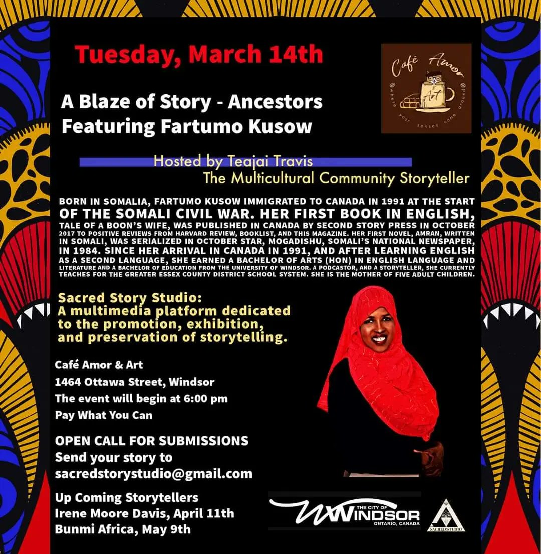 Shantabulous11's tweet photo. A Blaze of Story live at Café Amor &amp; Art, tomorrow at 6:00 pm. Can't wait to hear @FKusow Fartumo Kusow, author of Tale of a Boon's Wife and creator of the My Mother: The Person and the Patient podcast.
#YQG #CafeAmor #Windsor https://t.co/1DVuqgeg3T