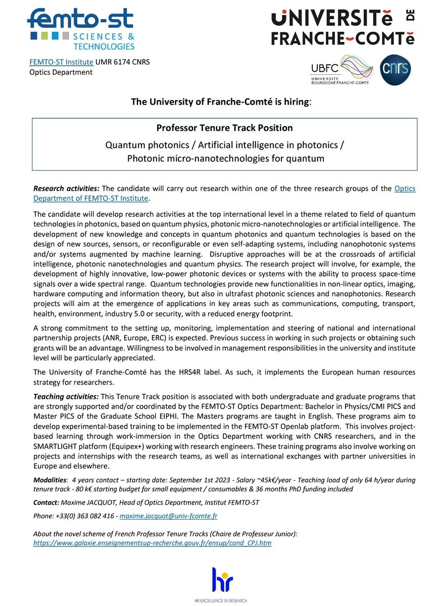 Call for applicants to a professor tenur track position in our department in 'Quantum photonics / Artificial intelligence in photonics / Photonic micro-nanotechnologies for quantum'. Please apply or RT!