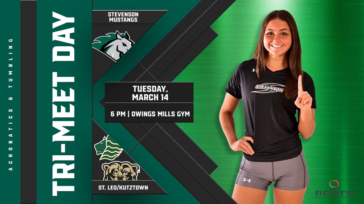 Time for a tri-meet! <a href="/stevensonacro/">Stevenson University Acrobatics & Tumbling</a> hosts Division II St. Leo University and Kutztown University this evening! 

📍| Owings Mills Gymnasium
📺 | bit.ly/429g0nt
⌚️| 6 pm

#NCATA23 #StangNation