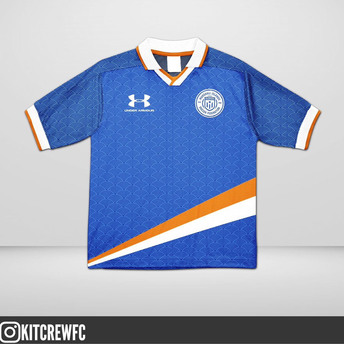 kitcrewfc's tweet photo. @SoccerFedMI #firstkit This design features a wave graphic to incorporate the geography of the islands. It also features elements of the flag on the front and collar and sleeve cuffs. On the back lies the Seal of the islands, in the centre of the flag's star, along with the nation's motto. https://t.co/5kcYUVBztt