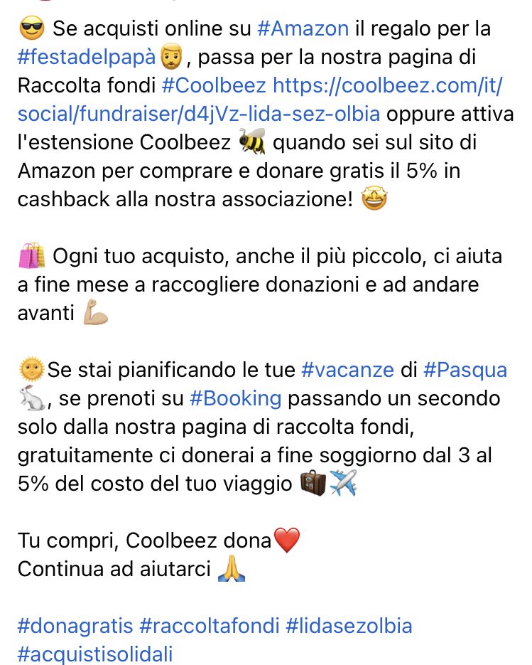 LidaSezOlbia's tweet photo. Se acquisti online su #Amazon il regalo per la #festadelpapà🧔‍♂️, passa per la nostra pagina di Raccolta fondi #Coolbeez https://t.co/z4Hk4Lxntw oppure attiva l'estensione Coolbeez 🐝
🌞Se stai pianificando un viaggio prenota su #Booking passando dalla nostra pagina🧳✈️ https://t.co/nrkVWUpaJ6