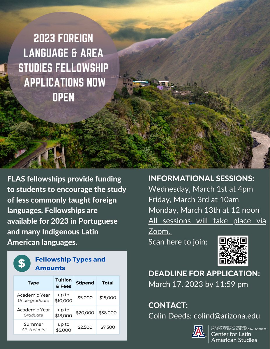🗣️FLAS info session today at 12pm!

Zoom link: arizona.zoom.us/s/5206267234

For more information about FLAS please visit: las.arizona.edu/flas