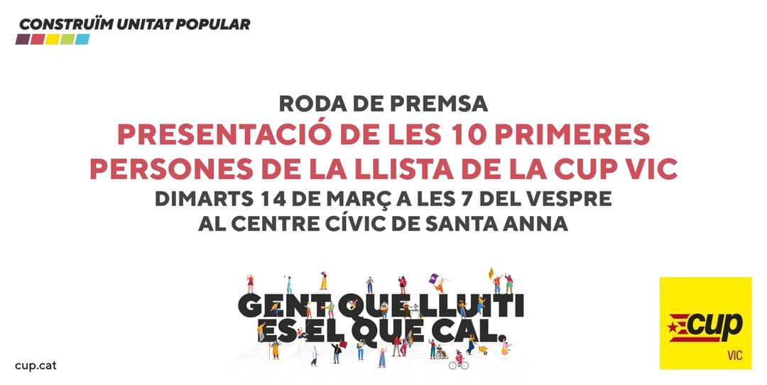 🗣️ Demà a les 7 del vespre, al <a href="/ccvicsantaanna/">CCVIC Santa Anna</a>, presentem en roda de premsa les 10 primeres persones de la llista col·lectiva de la <a href="/CUPVic/">CUP Vic</a> per a les eleccions municipals del proper 28 de maig.

👉🏽 És oberta a tothom qui vulgui venir.
#Vic #Osona