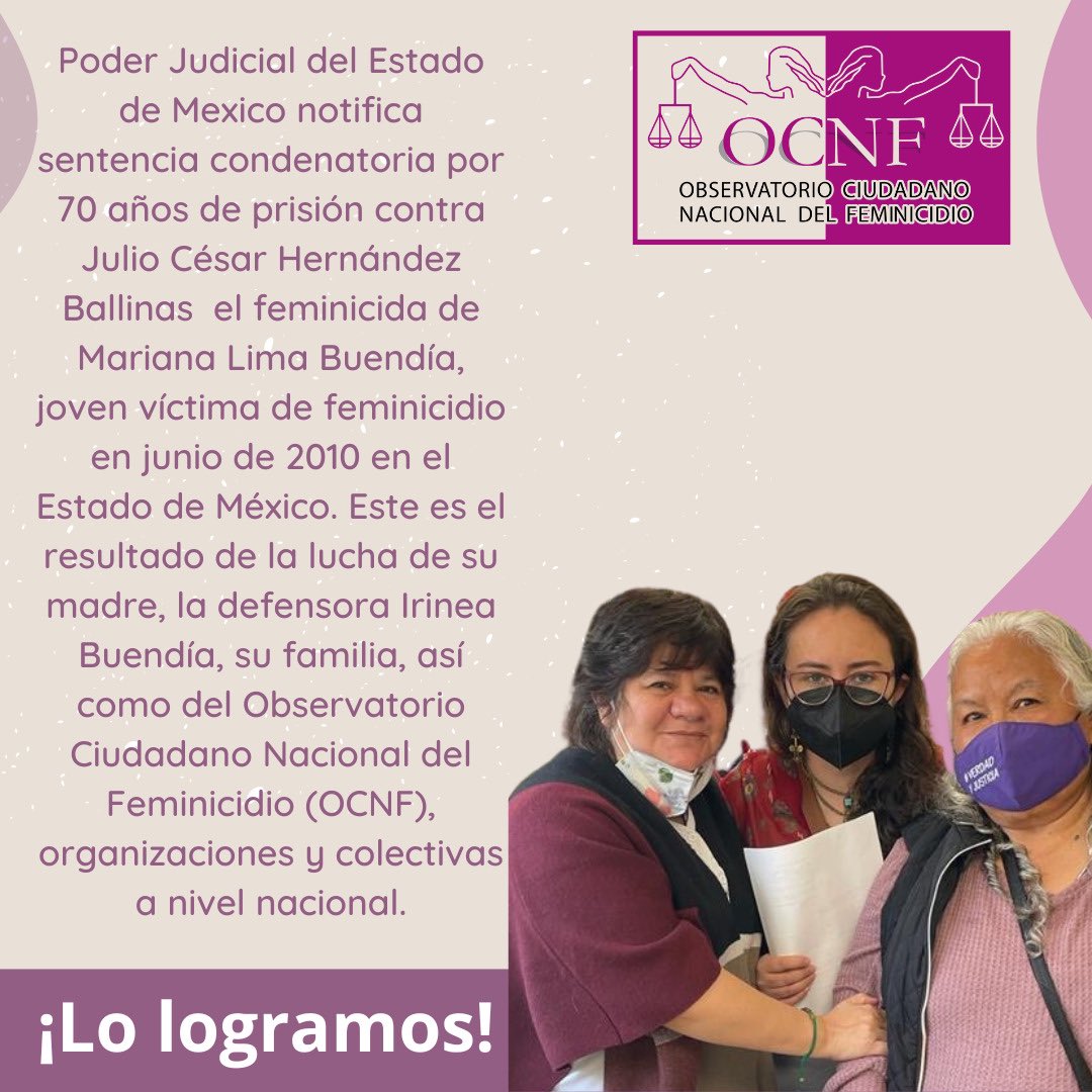 📢Poder Judicial del Estado de Mexico notifica sentencia condenatoria por 70 años de prisión contra Julio César Hernández Ballinas  el feminicida de Mariana Lima Buendía, joven víctima de feminicidio en junio de 2010 en el Estado de México.