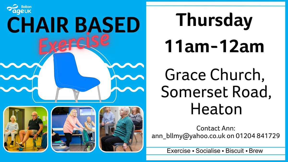 ageukbolton's tweet photo. Another class coming your way, run by one of our amazing volunteers!

Chair-Based Exercise at Grace Church, Heaton! 

#ChairBased #Exercise #Bolton #Heaton #StrengthAndBalance #AgeingWell https://t.co/GjyWFWSidA