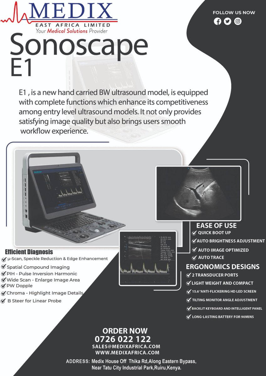 E1 , is a new hand carried BW ultrasound model, is equipped with complete functions which enhance its competitiveness among entry level ultrasound models.Talk to us now. 
0726022122
sales@medixafrica.com
medixafrica.com 
#ultrasound 
 #hospitalEquipment