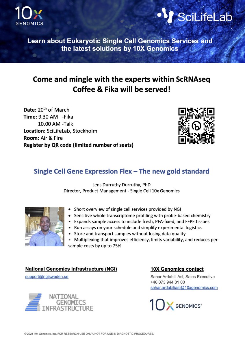 ✍️ Register for a seminar that we're co-organising together with <a href="/10xGenomics/">10x Genomics</a>! We will be covering the methods we currently offer and be learning more about #SingleCell for FFPE! 
When? 20th March, 10:00 - 11:00 
Where? Air &amp; Fire at SciLifeLab and online!
Sign up info 👇