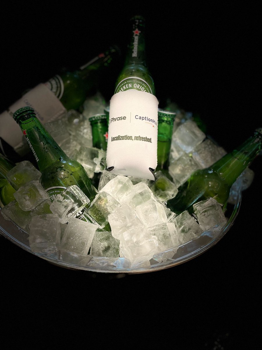 CaptionHubHQ's tweet photo. Our CaptionHub x @PhraseSuite team bar is officially stocked at the @GALA_Global conference! Come grab a refreshment, network with great colleagues, and take home your very own koozie at Stand 18 and 19 right now. Cheers to localisation, refreshed 🍻🌎 
#GALA2023 https://t.co/08JWO8xZeU