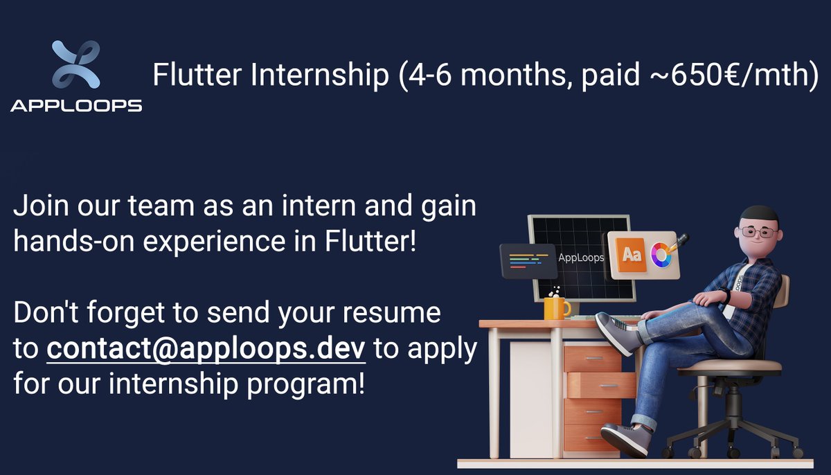 AppLoopsDotDev's tweet image. Are you a student looking for hands-on experience in #Flutter and #Dart? Our #internship program offers just that! 💙🎯
Join our team and learn from our local experts by building meaningful projects!
Apply now before the 10th June !
Send your resume at contact@apploops.dev 📫✉️