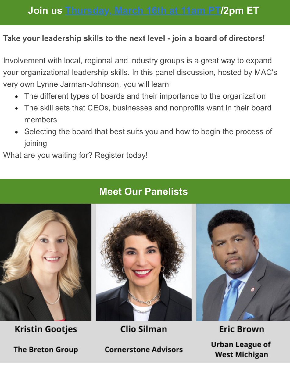 So you want to join a board of directors?  Join us for an invigorating webinar March 16 11 am PT / 2 pm ET!  Register today:  maocum.wildapricot.org/event-5193099