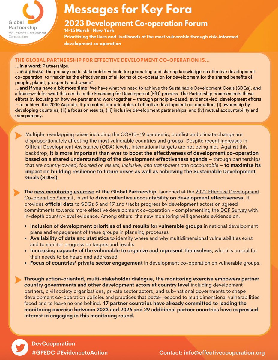 DevCooperation's tweet image. Coming up #DCF2023 ‼️🔜 14-15 March

It is more important than ever to boost the effectiveness of #DevCoop to maximize its
impact on building resilience to future crises and achieving the #SDGs.

#GPEDC has 3⃣ key messages for those attending the #DCF2023! bit.ly/3TaclSy