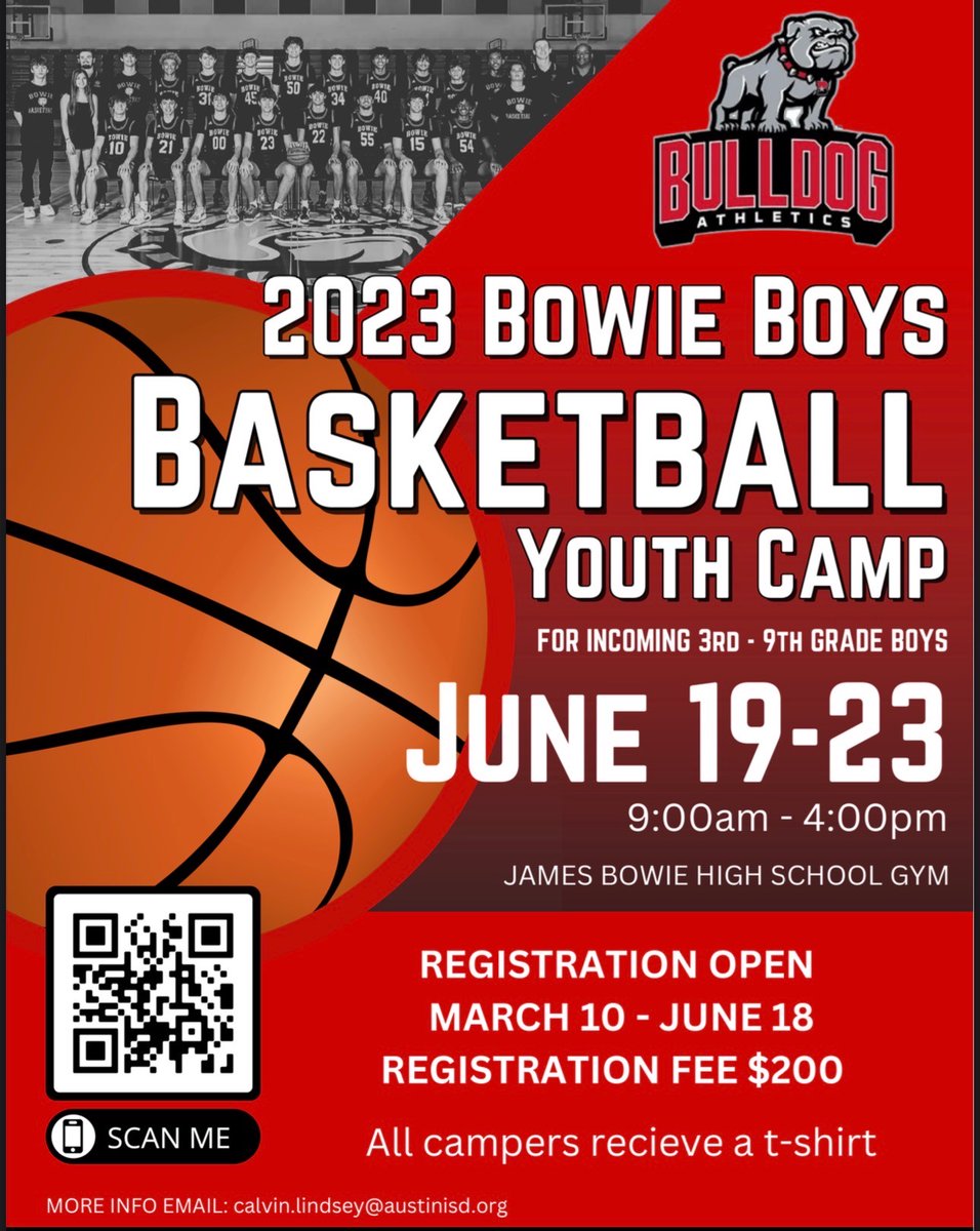 Registration is open! Bowie boys basketball will be hosting our youth camp from June 19-23. Camp is open to incoming 3rd-9th graders! Sign up today with our registration link: forms.gle/e4AoJRjkcbmbhg…