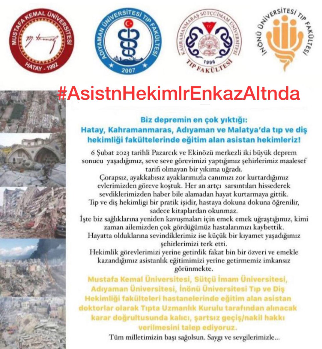 made_upp's tweet photo. Depremzede Asistan Tıp ve Diş Hekimlerinin eğitimlerine devam edebilmeleri için başka üniversitelere ŞARTSIZ NAKİL olması gerekiyor. 
#AsistnHekimlrEnkazAltnda
@drfahrettinkoca
@sbhttnaydin
@umitkervan
@YukselAltuntas1
 @mmkilicarslan
@orhanodabasi 
@baskandundar 
@ProfDrAKizilay https://t.co/eWmEDLkgo8